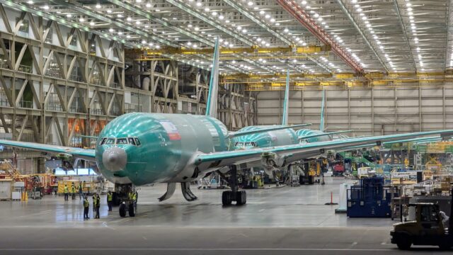Unfinished Boeing 777X fuselages at the Boeing Everett Factory.
