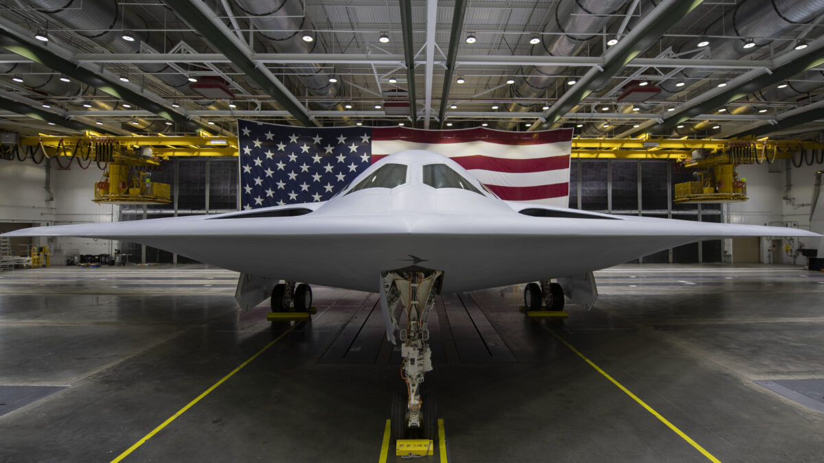 B-21 Raider stealth bomber during its public rollout at Air Force Plant 42 in Palmdale, California.