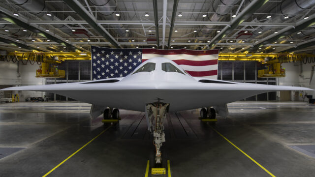 B-21 Raider stealth bomber during its public rollout at Air Force Plant 42 in Palmdale, California.