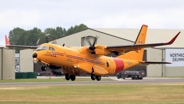 Royal Canadian Air Force CC-295 Kingfisher landing in bright yellow search-and-rescue livery