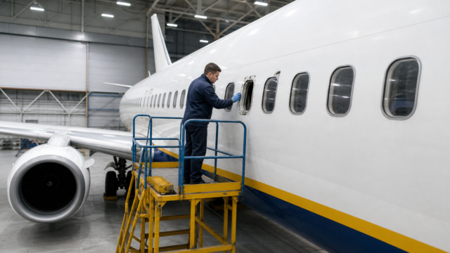 Aircraft maintenance technician inspecting a passenger window on a narrow-body jet